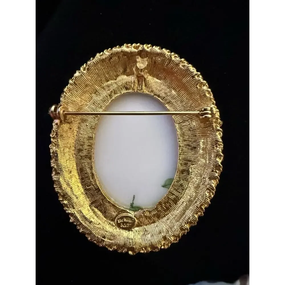 Vintage Alice Caviness Porcelain Rose Floral Rhinestone Gold Tone Brooch Signed